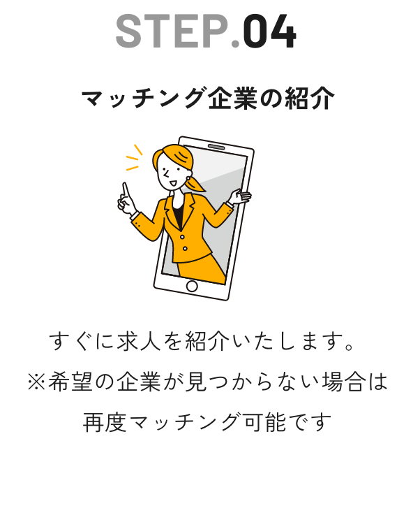 STEP.04 マッチング企業の紹介 - すぐに求人を紹介いたします。※希望の企業が見つからない場合は再度マッチング可能です